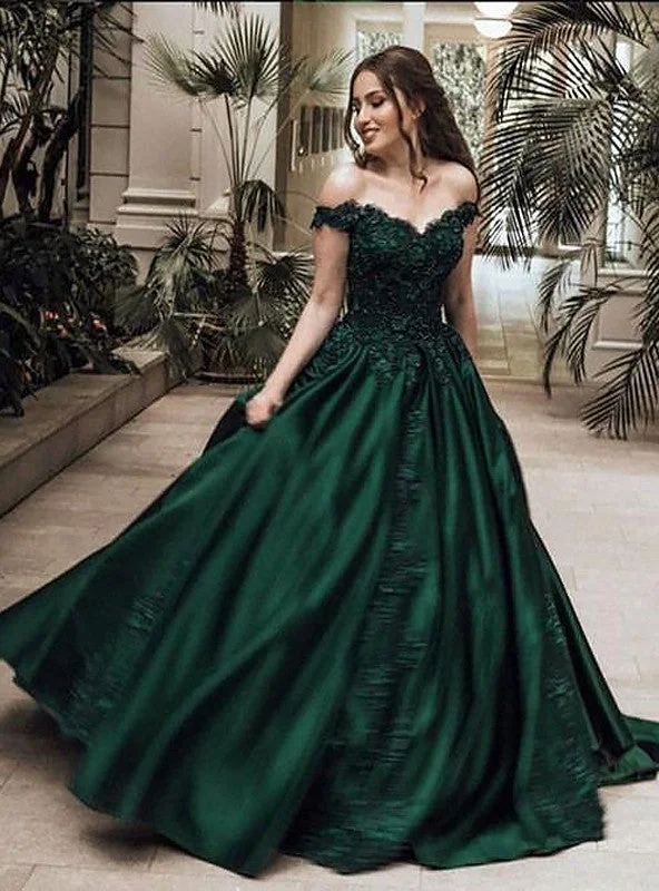 Evening Dress with Floral Pattern-Classic Satin Dark Green Off Shoulder Sweetheart Ball Gown Prom Dress C2102