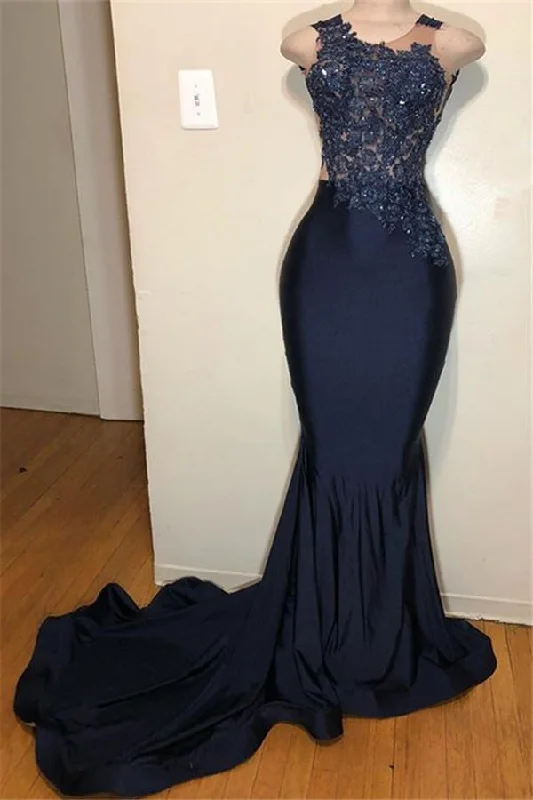 Evening Dress with Satin Skirt and Lace-Dark Blue Straps Sleeveless Applique Mermaid Formal Prom Dresses C2006