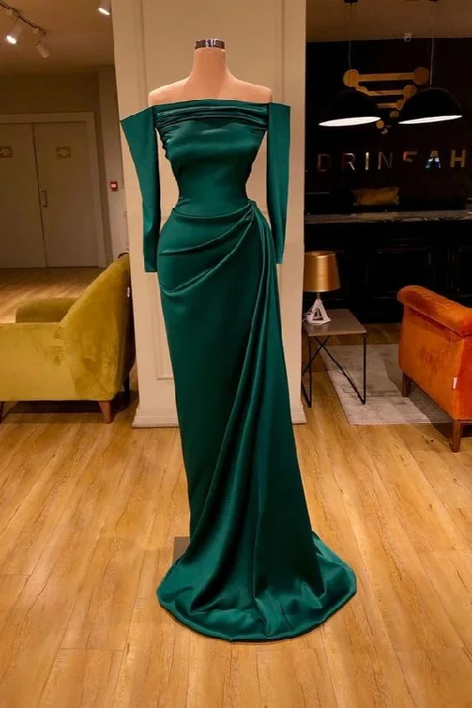 Evening Dress with Beaded Tulle and Satin-Dark Green Off-the-Shoulder Mermaid Prom Dress Long Evening Gowns  C1933