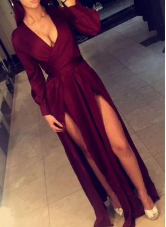 Evening Dress with Soft Pleats-Dark Red Slit Long Sleeves Evening Dress, Pretty Formal Dress  C2093