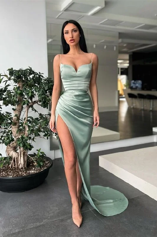 Evening Dress with Soft Satin and Crystal-Dusty Sage Spaghetti-Straps Prom Dress Mermaid Long With Split C2390