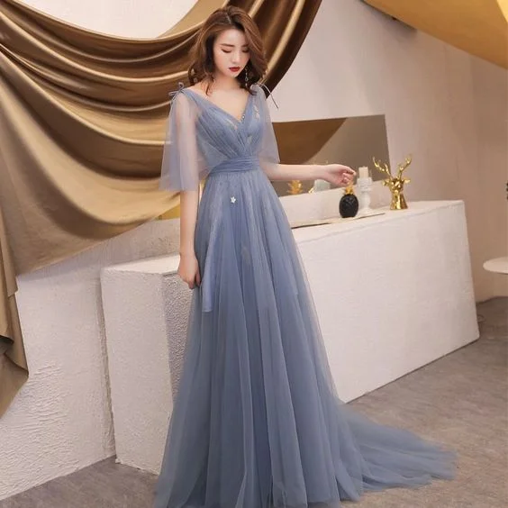 Evening Dress with Silk Tulle Bodice-Elegant Grey Summer Evening Dresses A-Line / Princess V-Neck 1/2 Sleeves Appliques Sequins Sweep Train Ruffle Backless Formal Dresses C2012