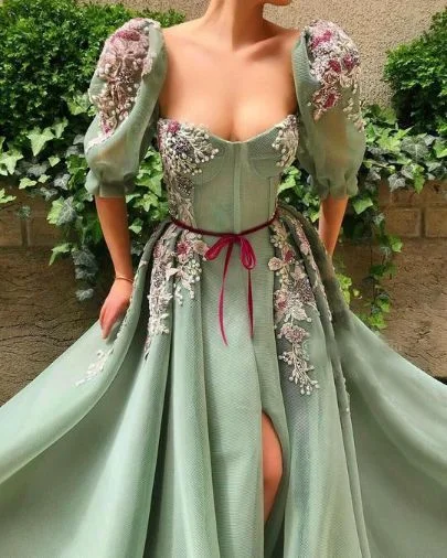 Evening Dress with Satin Belt Detail-Elegant Mint Green Puff Sleeve Prom Dress with Slit C2041