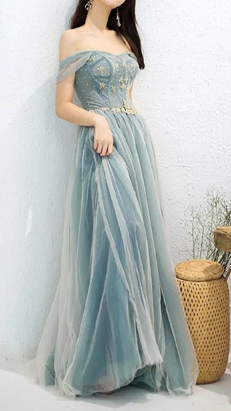 Evening Dress with Ruffled Skirt-Elegant Off Shoulder A-Line Beaded Long Prom Dress With Appliques C2372