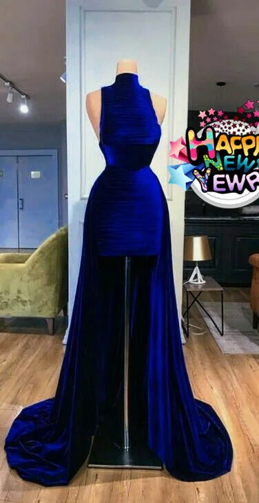 Evening Dress with Pleated Skirt-Elegant royal blue velvet prom dresses mermaid sexy women's evening dresses celebrity dresses C2101