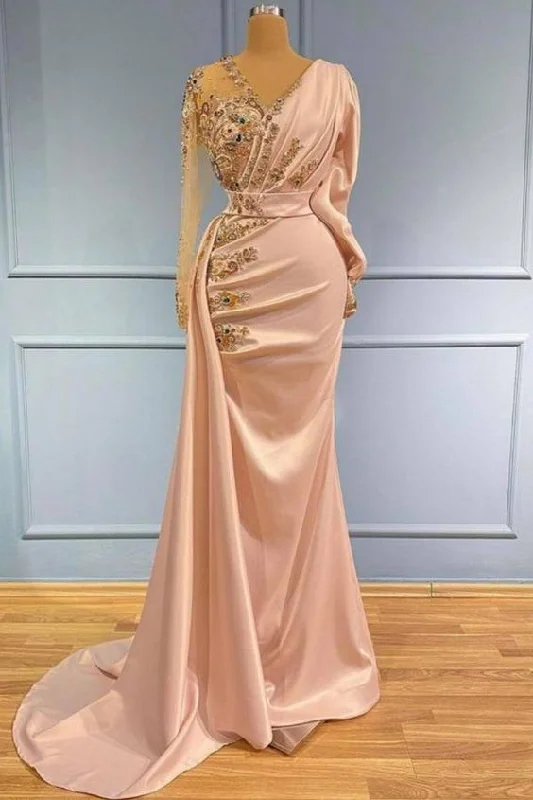 Evening Dress with Beaded Top and Skirt-Elegant V-Neck Long Sleeves Mermaid Prom Dress with Gold Sequins Appliques C2054