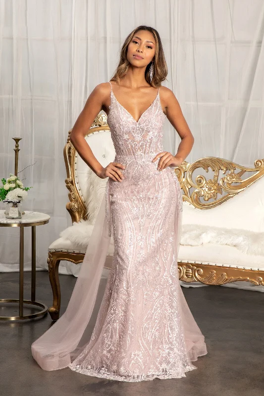 Evening Dress with Floral Applique-Embellished Overskirt Gown by Elizabeth K GL3043