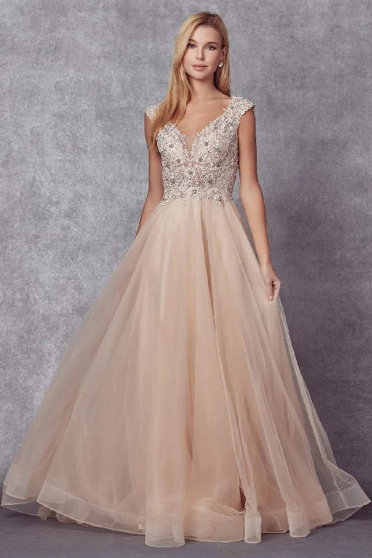 Evening Dress with Satin Layers and Crystals-Embroidered Cap Sleeve Tulle Gown by Juliet 684