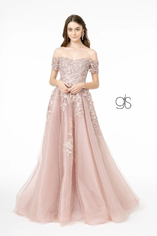 Evening Dress with Layered Silk and Satin-Embroidered Long Off Shoulder Dress by Elizabeth K GL2885