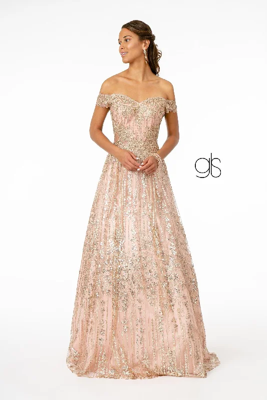 Evening Dress with Floral Applique-Embroidered Long Off Shoulder Glitter Dress by Elizabeth K GL2941