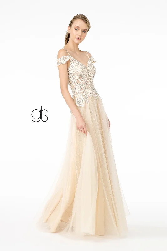 Evening Dress for VIP Gala-Embroidered Long Sheer Cold Shoulder Dress by Elizabeth K GL2953