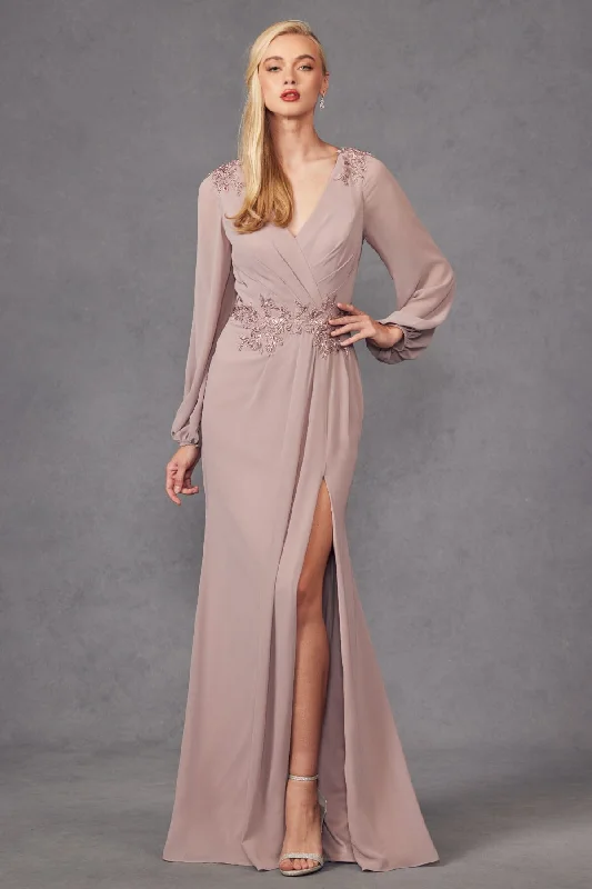 Evening Dress with Crystal Detail and Lace-Embroidered Long Sleeve A-line Slit Gown by Juliet JTM16A