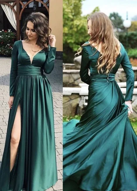 Evening Dress for Romantic Dinner-Emerald Green Prom Dresses Long Sleeves Simple Evening Dress C2321