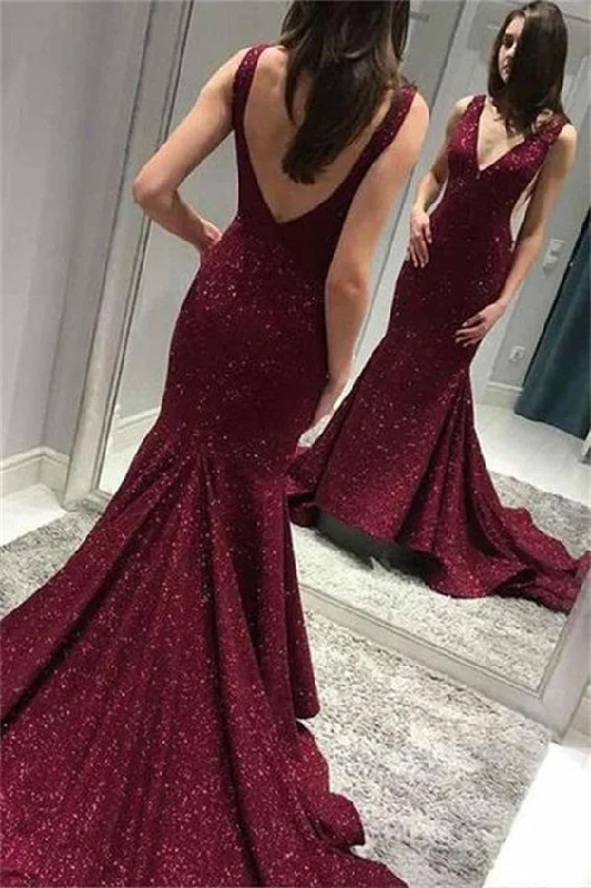 Evening Dress with Velvet Bodice-Sparkly Long V-Neck Open Back Mermaid Burgundy Prom Dresses C1498