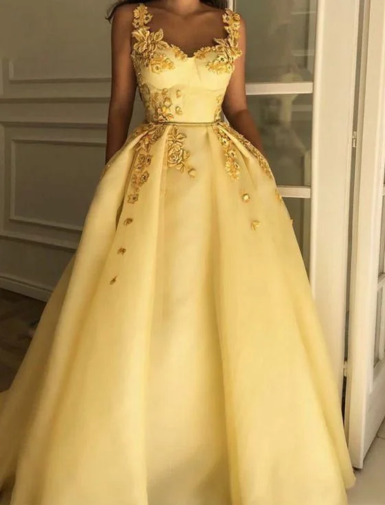 Evening Dress with Satin Train and Beads-Fabulous Beautiful Straps Evening Dresses Long Yellow Prom Dresses with Appliques C2132