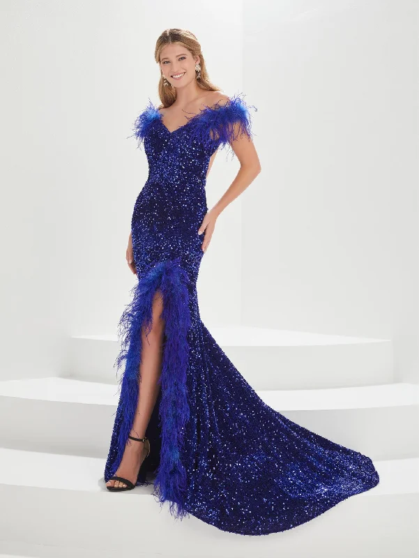 Evening Dress for High-Class Dinner-Feather Sequin Off Shouler Gown by Tiffany Designs 16004