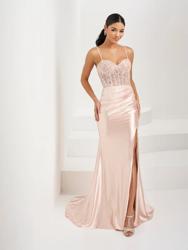 Evening Dress with Satin Bodice and Tulle Skirt-Fitted Beaded Sheer Corset Slit Gown by Tiffany Designs 16078