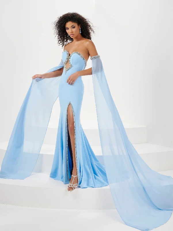 Evening Dress with Sheer Tulle Skirt-Fitted Beaded Strapless Cape Sleeve Slit Gown by Panoply 14194