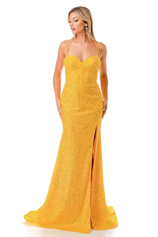 Evening Dress with Soft Silk and Satin-Fitted Bustier Glittered Gown by Coya L2773T