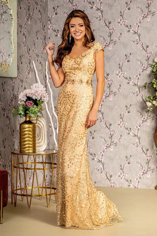 Evening Dress with Embellished Crystal Top-Fitted Glitter Print Short Sleeve Gown by GLS Gloria GL3414 - Outlet