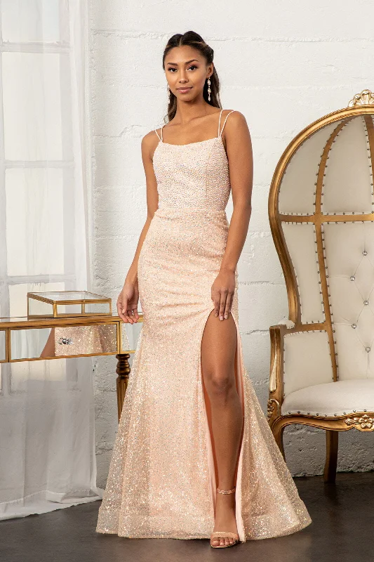 Evening Dress with Long Sleeves-Fitted Lace-Up Embellished Gown by Elizabeth K GL3052