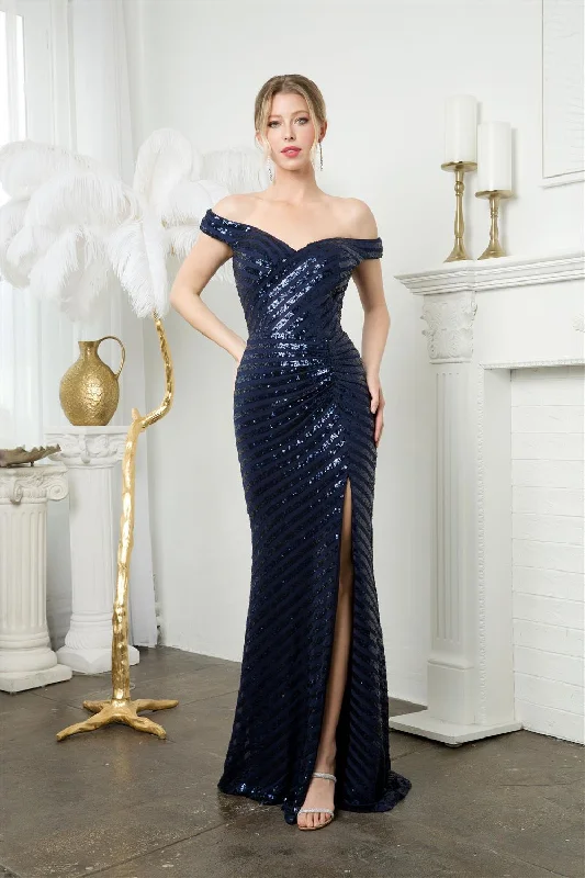 Evening Dress with Satin Waistline-Fitted Linear Sequin Off Shoulder Slit Gown by Juno M1005