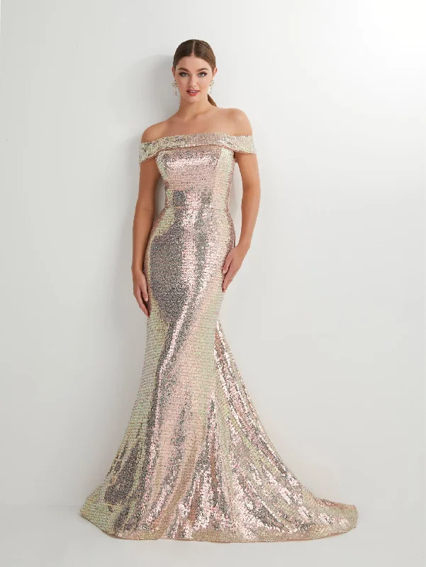 Evening Dress with Satin Bodice and Crystal-Fitted Long Off Shoulder Sequin Dress by Studio 17 12911