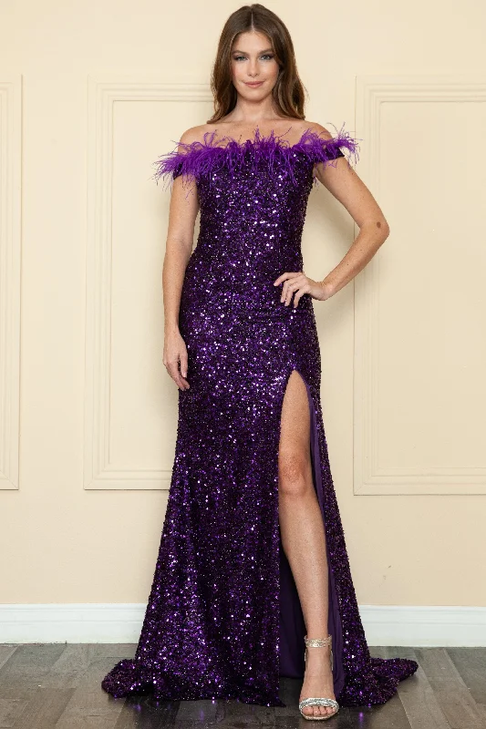 Evening Dress with Satin and Lace Trim-Fitted Off Shoulder Sequin Feather Gown by Poly USA 8980