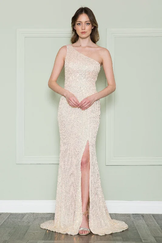 Evening Dress with Silk and Crystal Bodice-Fitted One Shoulder Sequin Gown by Poly USA 8898