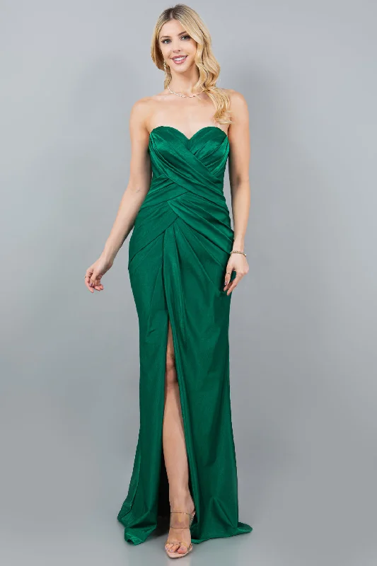 Evening Dress with Back Tie Detail-Fitted Ruched Strapless Slit Gown by Cinderella Couture 8095J