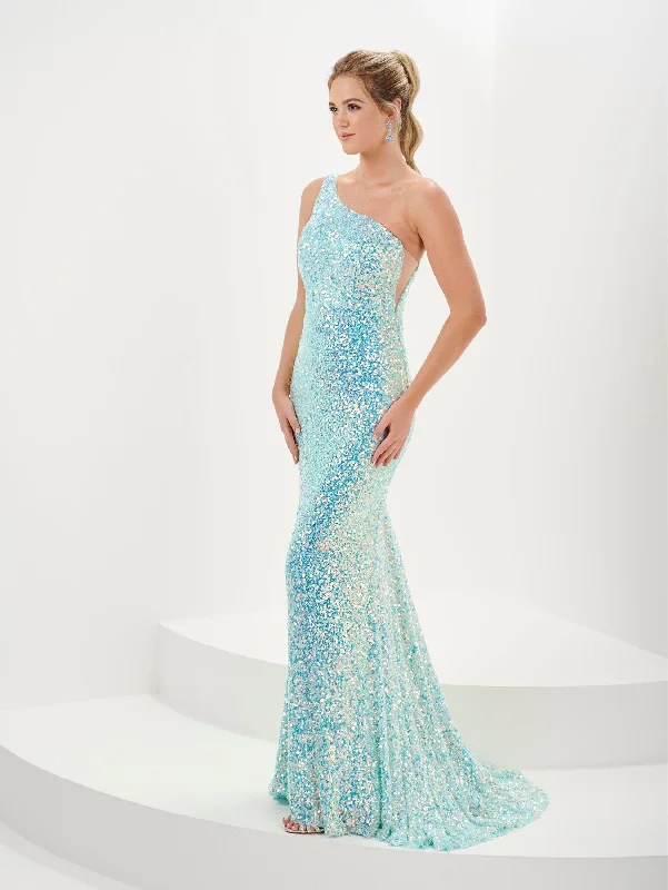 Evening Dress with Sheer Sleeves and Back-Fitted Sequin One Shoulder Gown by Tiffany Designs 16114