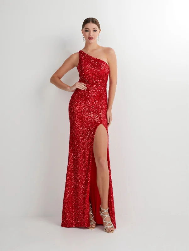 Evening Dress with Layered Crystal Bodice-Fitted Sequin One Shoulder Slit Gown by Studio 17 12889