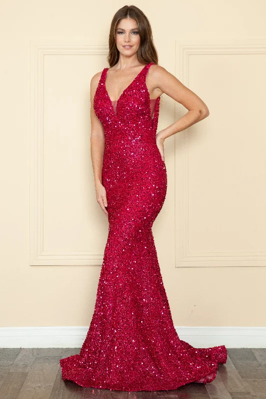 Evening Dress for Cocktail Party-Fitted Sequin Sheer V-Neck Gown by Poly USA 9108