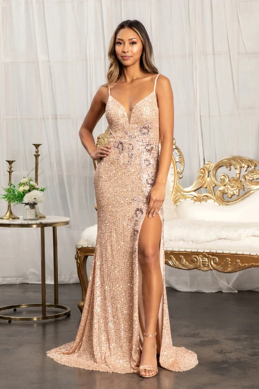 Evening Dress with Back Drapes and Lace-Fitted Sequin Slit Gown by Elizabeth K GL3023