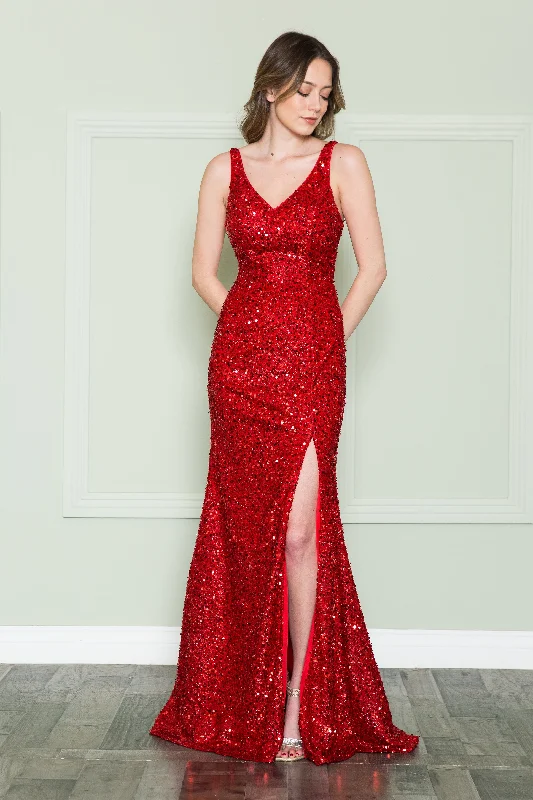 Evening Dress with Satin and Embellishments-Fitted Sleeveless Sequin Gown by Poly USA 8872