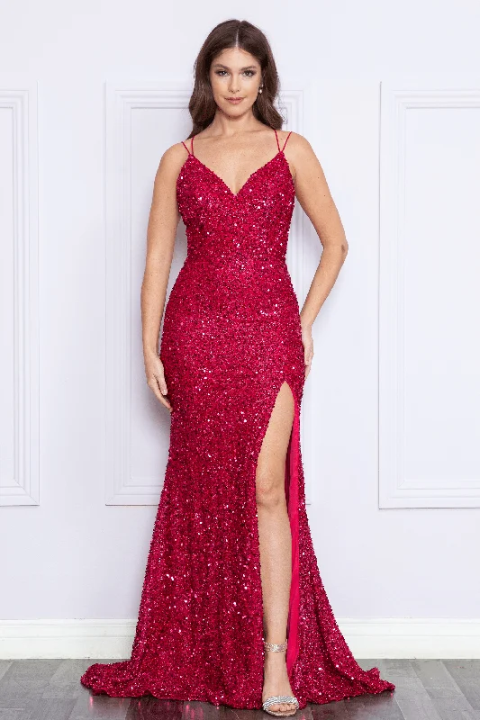 Evening Dress with Satin Pleated Skirt-Fitted V-Neck Sequin Slit Gown by Poly USA 9102