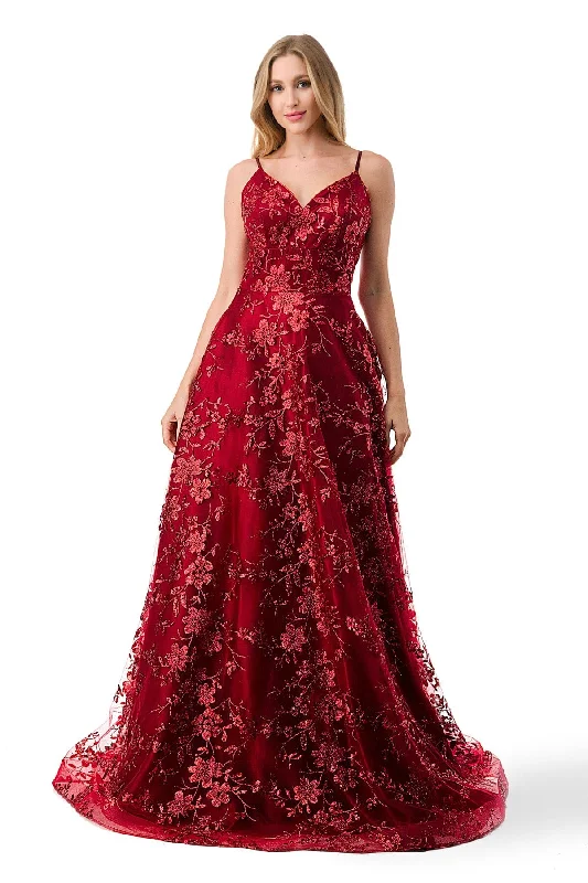 Evening Dress with Beads and Mesh Bodice-Floral Embroidered Lace-Up Back Gown by Coya L2764B