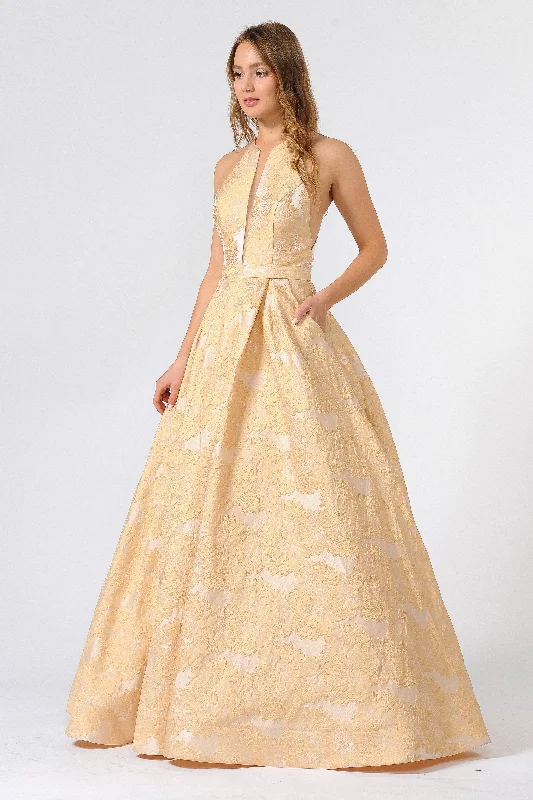 Evening Dress with Soft Tulle Skirt-Floral Embroidered Long High-Neck Dress by Poly USA 8402