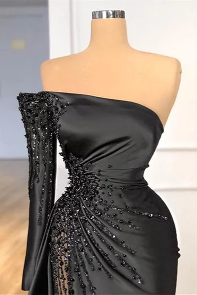 Evening Dress with Beaded Bodice and Chiffon-Glamorous Black Long Sleeve One Shoulder Prom Dress Beadings Evening Dress C2191