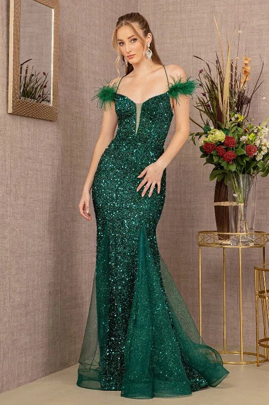 Evening Dress with Soft Lace and Satin-Glitter Off Shoulder Feather Gown by GLS Gloria GL3130