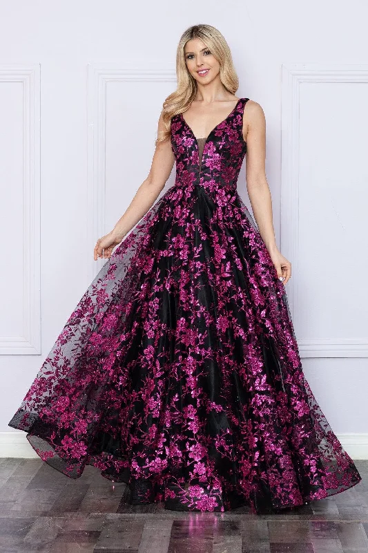 Evening Dress with Crystal Trim and Lace-Glitter Print Sleeveless A-line Gown by Poly USA 9298