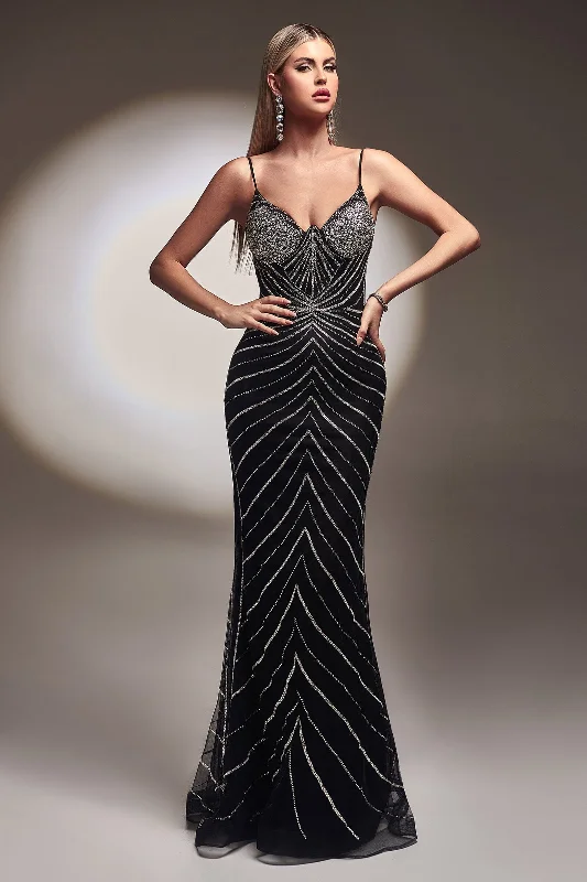 Evening Dress with Beaded and Satin Bodice-Glitter Print Sleeveless Mermaid Gown by Ladivine CR866