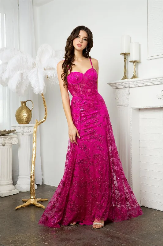 Evening Dress with Ruffled Bodice-Glitter Print Sweetheart Corset Overskirt Gown by Juno M1021