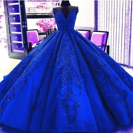 Evening Dress with Beaded Skirt and Top-Gorgeous Royal Blue Appliques Beads Quinceanera Dresses, Formal Ball Gown Prom Dress C1845