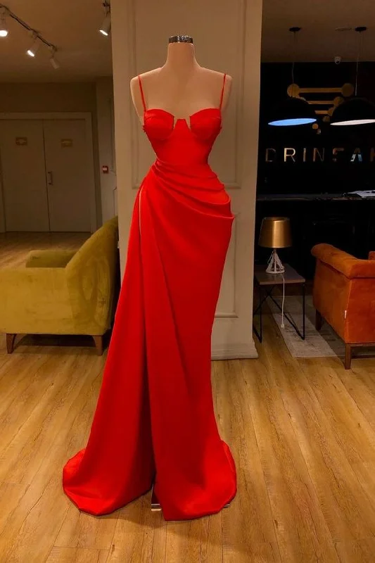 Evening Dress with Beaded Crystal Detail-Gorgeous Spaghetti Strap Unique Round Cup High split Red Prom Dress C2280