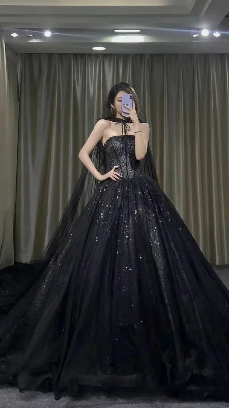 Evening Dress with Layered Beads and Crystals-Gorgeously Gothic Prom Dress Black Strapleless Evening Dress Magic Girl's Dress C2454