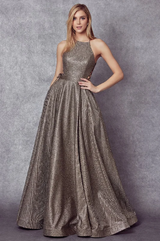 Evening Dress with Fitted Silk Bodice-Halter Metallic Gown with Lace-Up Sides by Juliet 241