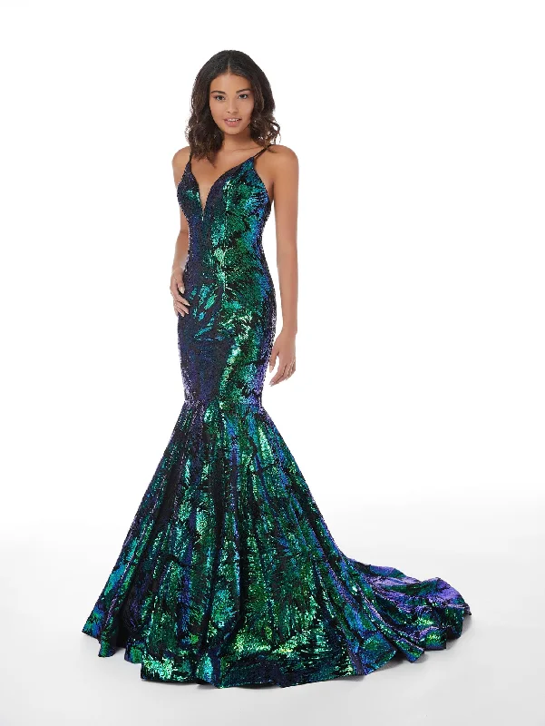 Evening Dress with Velvet and Crystal-Iridescent Sequin Print Mermaid Dress by Studio 17 12852