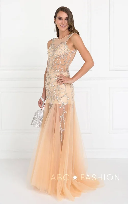 Evening Dress with Vintage Floral Lace-Jeweled Long Sleeveless Sheer Dress by Elizabeth K GL2153