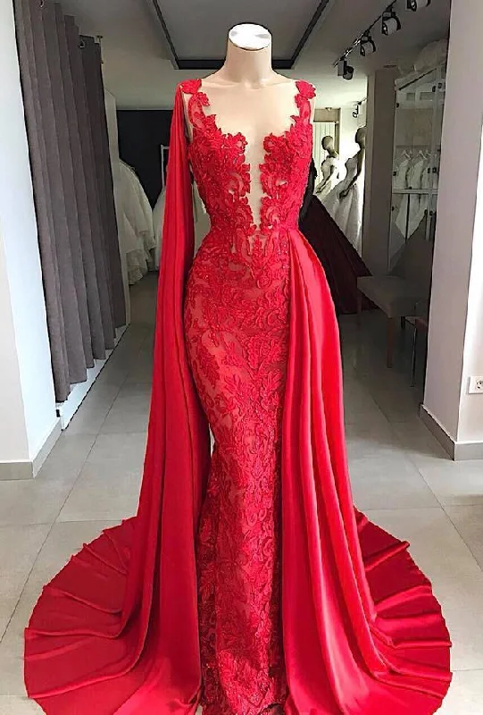 Evening Dress with Silk Tulle Bodice and Hem-Lace Long Evening Dresses Sleeveless Red Prom Dresses  C1984